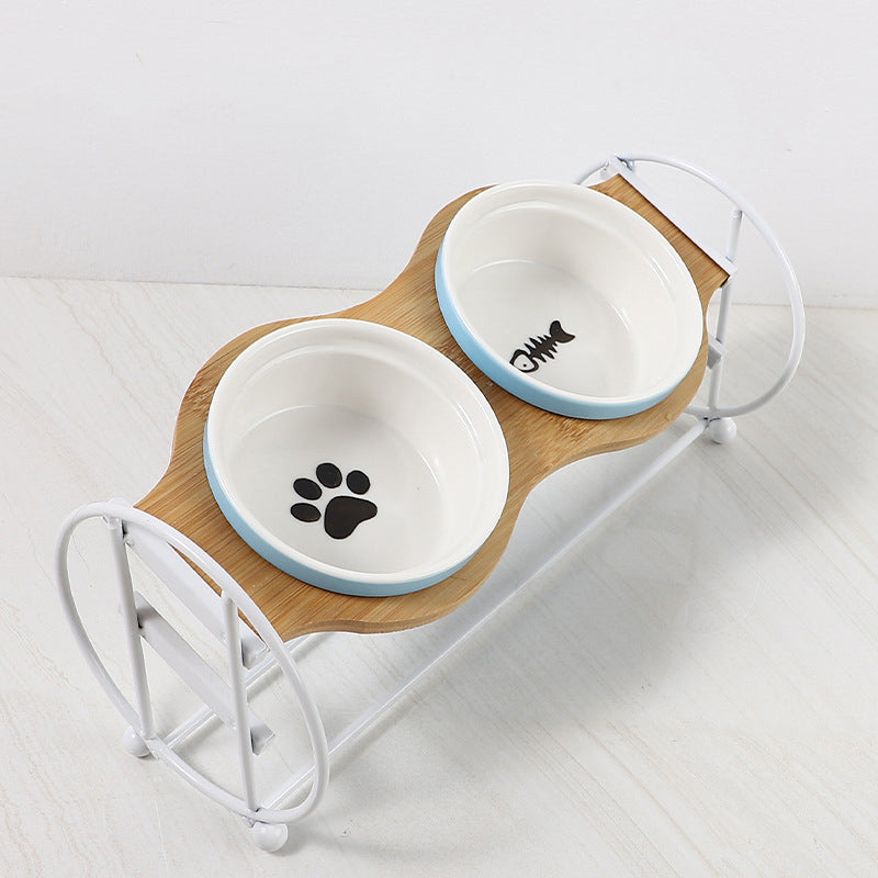 HKM-5134269 Bamboo and Wood Pet Bowl Stand with Double Ceramic Bowls for Cats and Small Dogs