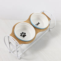 HKM-5134269 Bamboo and Wood Pet Bowl Stand with Double Ceramic Bowls for Cats and Small Dogs