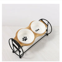 HKM-5134269 Bamboo and Wood Pet Bowl Stand with Double Ceramic Bowls for Cats and Small Dogs