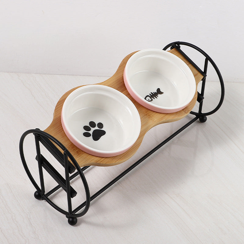 HKM-5134269 Bamboo and Wood Pet Bowl Stand with Double Ceramic Bowls for Cats and Small Dogs