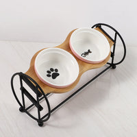 HKM-5134269 Bamboo and Wood Pet Bowl Stand with Double Ceramic Bowls for Cats and Small Dogs