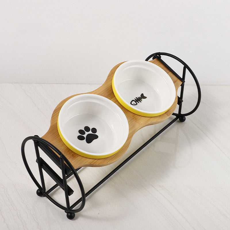 HKM-5134269 Bamboo and Wood Pet Bowl Stand with Double Ceramic Bowls for Cats and Small Dogs