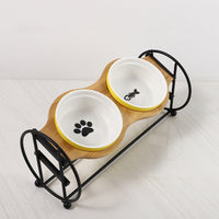 HKM-5134269 Bamboo and Wood Pet Bowl Stand with Double Ceramic Bowls for Cats and Small Dogs