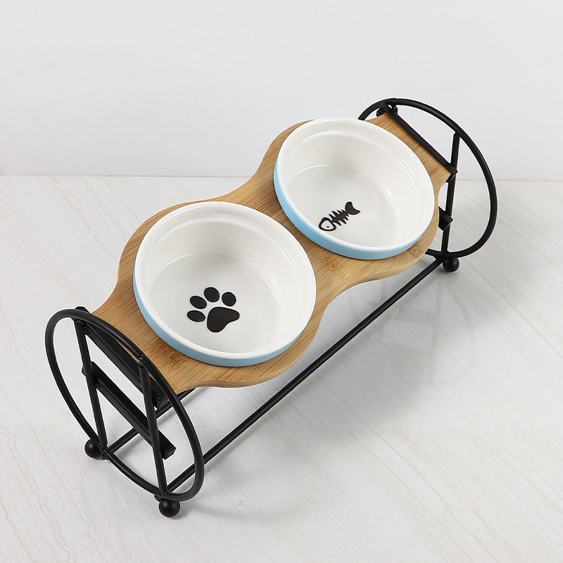 HKM-5134269 Bamboo and Wood Pet Bowl Stand with Double Ceramic Bowls for Cats and Small Dogs