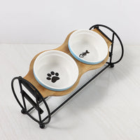 HKM-5134269 Bamboo and Wood Pet Bowl Stand with Double Ceramic Bowls for Cats and Small Dogs