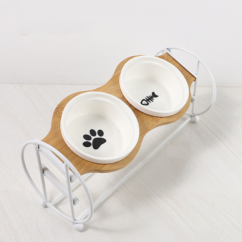 HKM-5134269 Bamboo and Wood Pet Bowl Stand with Double Ceramic Bowls for Cats and Small Dogs
