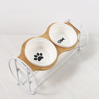 HKM-5134269 Bamboo and Wood Pet Bowl Stand with Double Ceramic Bowls for Cats and Small Dogs