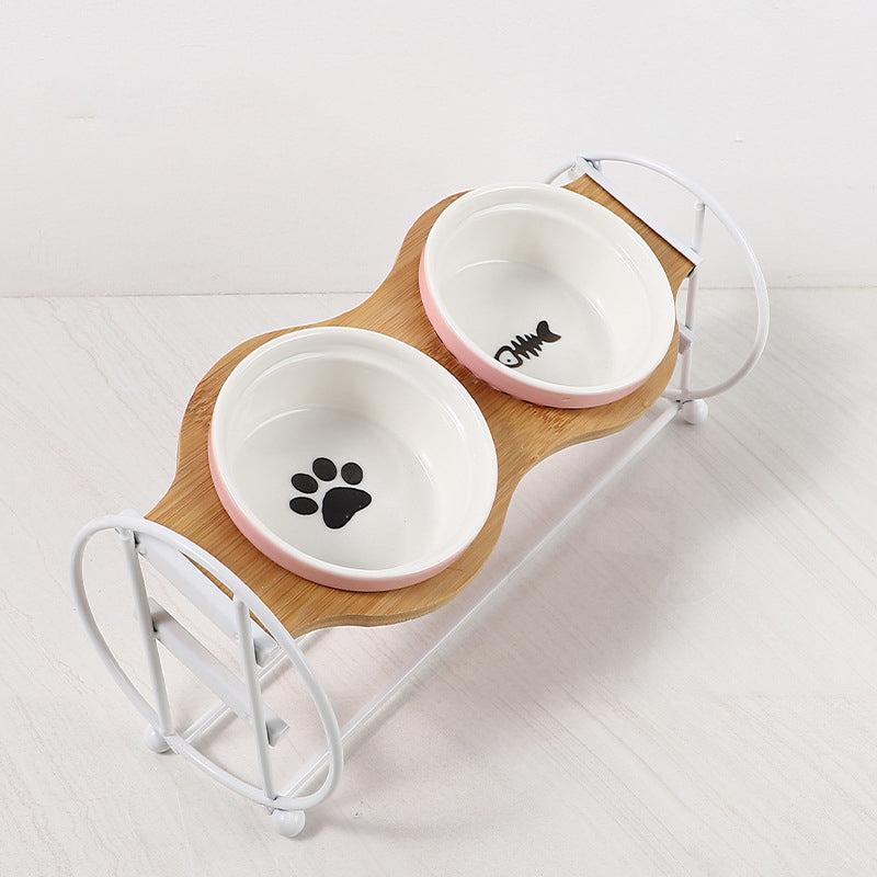 HKM-5134269 Bamboo and Wood Pet Bowl Stand with Double Ceramic Bowls for Cats and Small Dogs