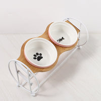 HKM-5134269 Bamboo and Wood Pet Bowl Stand with Double Ceramic Bowls for Cats and Small Dogs