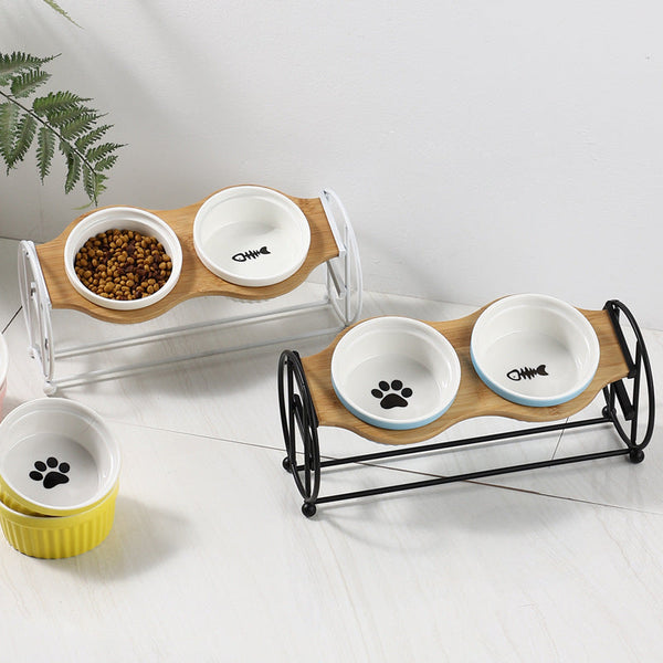 HKM-5134269 Bamboo and Wood Pet Bowl Stand with Double Ceramic Bowls for Cats and Small Dogs