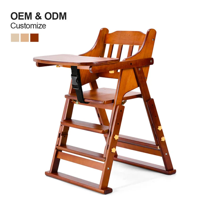 HKM-513747 Folding Wooden Highchair for Children - Adjustable Feeding Chair for Kids' Dining