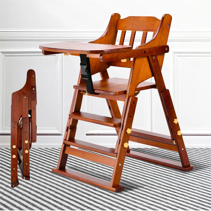 HKM-513747 Folding Wooden Highchair for Children - Adjustable Feeding Chair for Kids' Dining