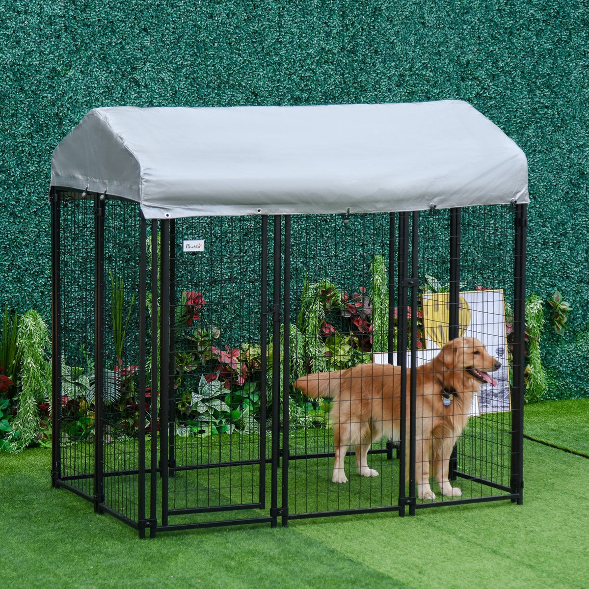 HKM-5137725 Large Outdoor Dog Kennel with Galvanized Steel Frame and UV-Resistant Roof Cover