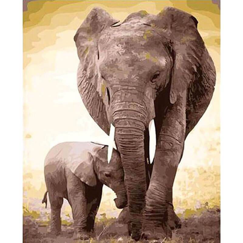 HKM-513811 Mom and Baby Elephant Digital Oil Painting on Linen – Romantic Animal Art