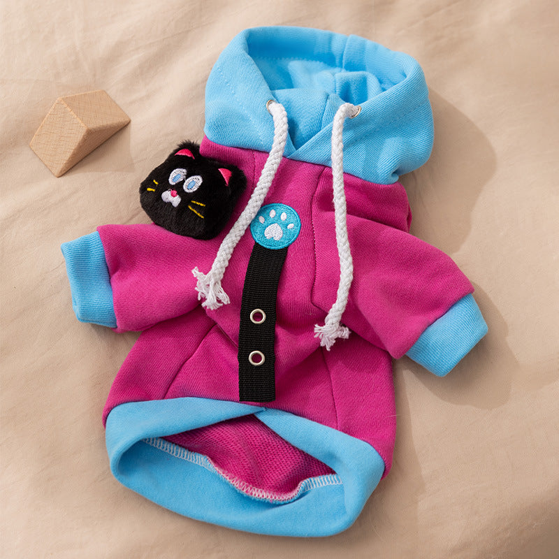 HKM-5138621 Color-Blocking Hooded Pet Sweatshirt for Small and Medium Dogs with Plush Cat Necklace Details