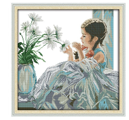 HKM-513875 European Character Cross-Stitch Embroidery Kit - Multiple Sizes and Thread Options