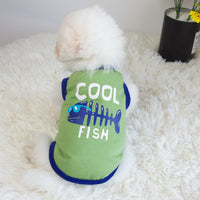 HKM-5139645 Small Fish Design Casual Cat Vest - Lightweight Cotton Pet Clothing in Gray and Green, Available in Multiple Sizes