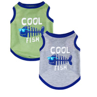 HKM-5139645 Small Fish Design Casual Cat Vest - Lightweight Cotton Pet Clothing in Gray and Green, Available in Multiple Sizes