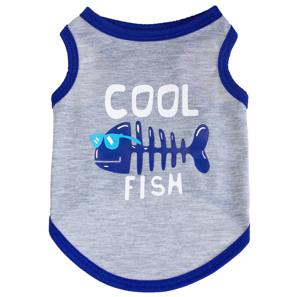 HKM-5139645 Small Fish Design Casual Cat Vest - Lightweight Cotton Pet Clothing in Gray and Green, Available in Multiple Sizes