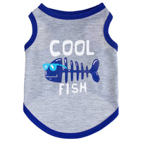 HKM-5139645 Small Fish Design Casual Cat Vest - Lightweight Cotton Pet Clothing in Gray and Green, Available in Multiple Sizes
