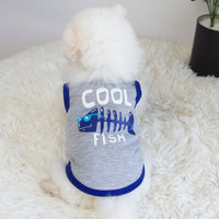 HKM-5139645 Small Fish Design Casual Cat Vest - Lightweight Cotton Pet Clothing in Gray and Green, Available in Multiple Sizes