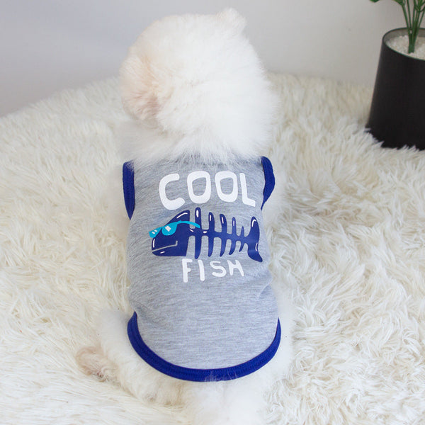 HKM-5139645 Small Fish Design Casual Cat Vest - Lightweight Cotton Pet Clothing in Gray and Green, Available in Multiple Sizes
