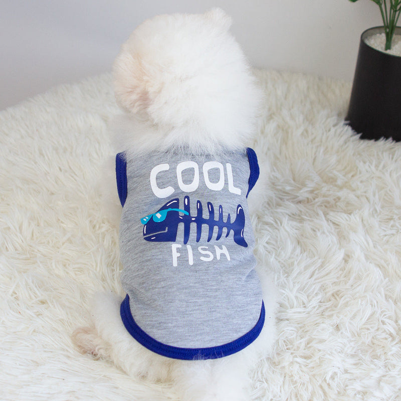 HKM-5139645 Small Fish Design Casual Cat Vest - Lightweight Cotton Pet Clothing in Gray and Green, Available in Multiple Sizes