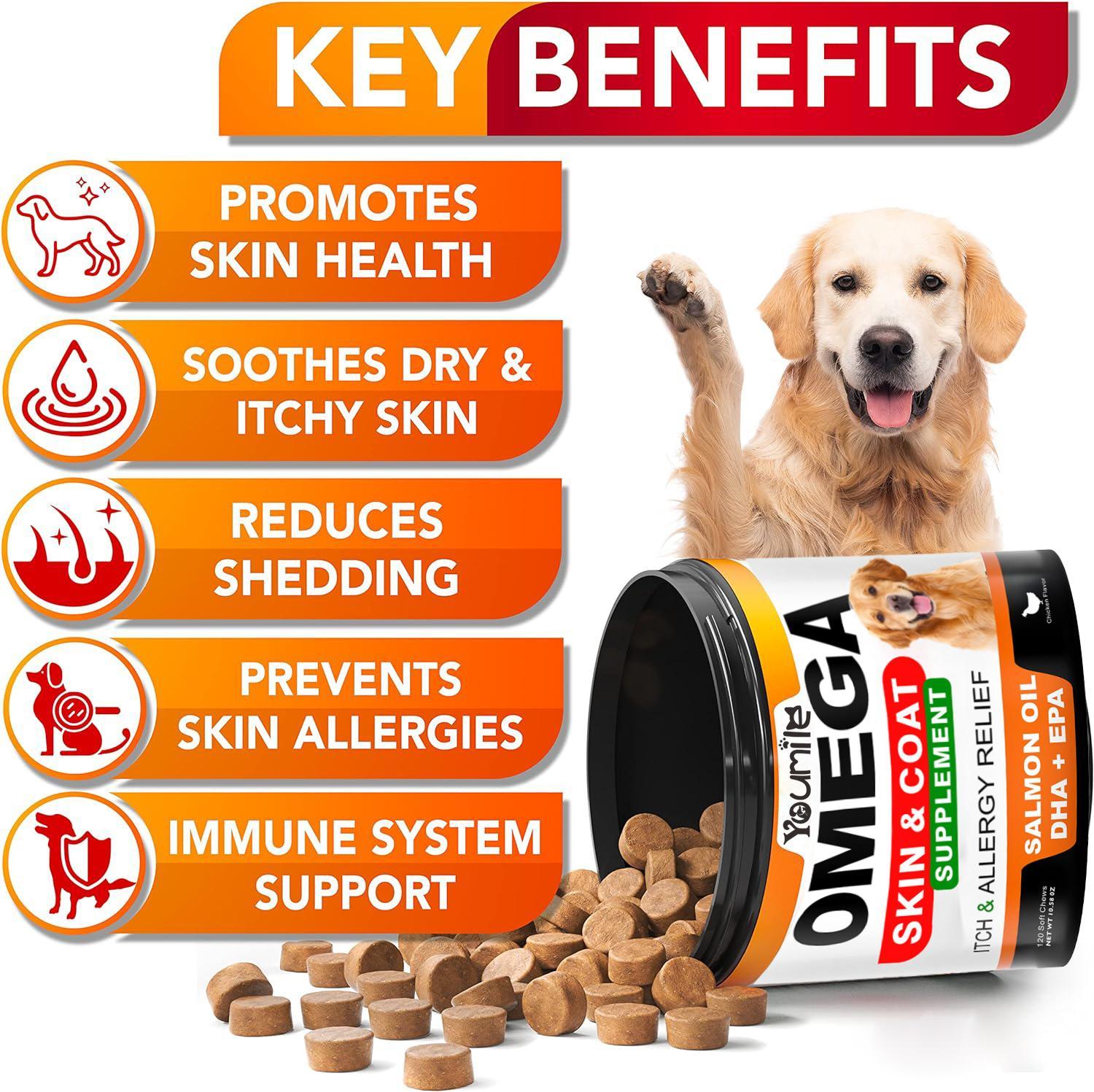 HKM-5139901 Omega 3 Fish Oil Chews for Dogs - Allergy Relief, Itch & Shedding Support, 120 Count Chews for Healthy Skin & Coat
