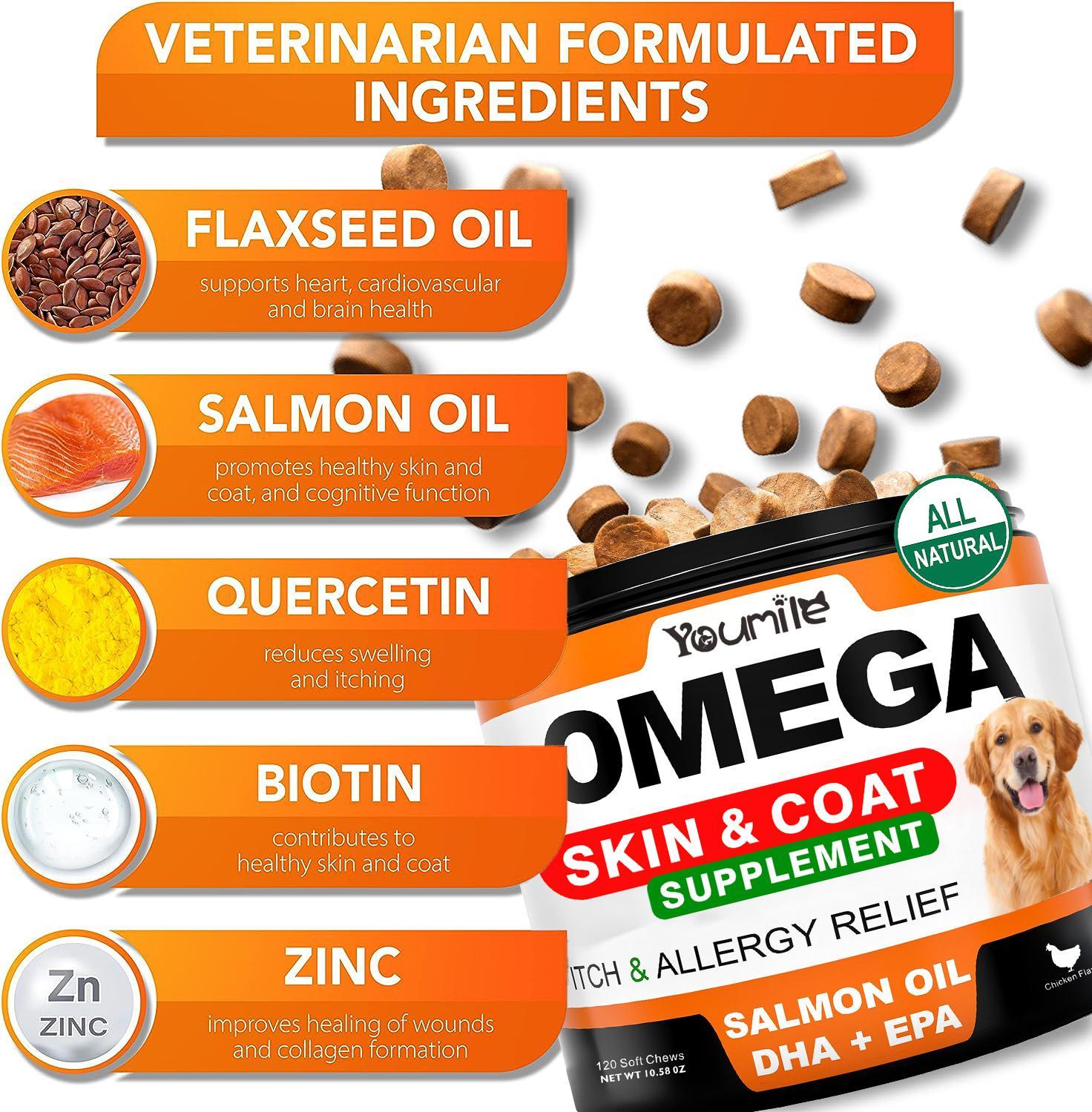 HKM-5139901 Omega 3 Fish Oil Chews for Dogs - Allergy Relief, Itch & Shedding Support, 120 Count Chews for Healthy Skin & Coat