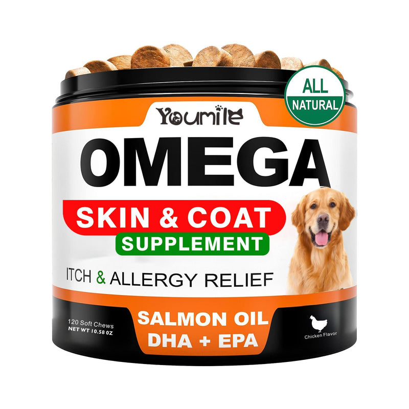 HKM-5139901 Omega 3 Fish Oil Chews for Dogs - Allergy Relief, Itch & Shedding Support, 120 Count Chews for Healthy Skin & Coat