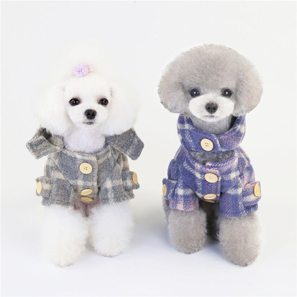 HKM-5142205 Woolen Plaid Two-Legged Dog Windbreaker for Autumn and Winter - Khaki and Purple Options Available