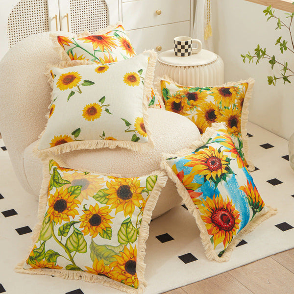 HKM-514323 Tassel Sunflower Linen Pillowcase for Home Decor - 45x45cm Soft Upholstery Cushion