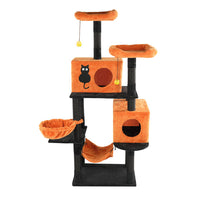 HKM-5148861 Halloween Cat Tower with Condos, Perches, Hammocks, and Scratching Posts - Multi-Level Cat Activity Center in Orange & Black
