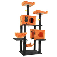 HKM-5148861 Halloween Cat Tower with Condos, Perches, Hammocks, and Scratching Posts - Multi-Level Cat Activity Center in Orange & Black