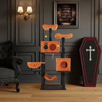 HKM-5148861 Halloween Cat Tower with Condos, Perches, Hammocks, and Scratching Posts - Multi-Level Cat Activity Center in Orange & Black