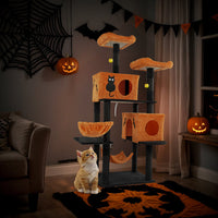 HKM-5148861 Halloween Cat Tower with Condos, Perches, Hammocks, and Scratching Posts - Multi-Level Cat Activity Center in Orange & Black