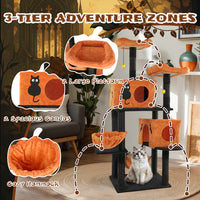 HKM-5148861 Halloween Cat Tower with Condos, Perches, Hammocks, and Scratching Posts - Multi-Level Cat Activity Center in Orange & Black