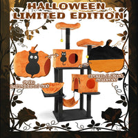HKM-5148861 Halloween Cat Tower with Condos, Perches, Hammocks, and Scratching Posts - Multi-Level Cat Activity Center in Orange & Black