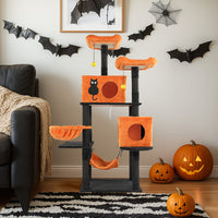 HKM-5148861 Halloween Cat Tower with Condos, Perches, Hammocks, and Scratching Posts - Multi-Level Cat Activity Center in Orange & Black