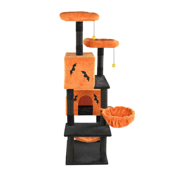 HKM-5148861 Halloween Cat Tower with Condos, Perches, Hammocks, and Scratching Posts - Multi-Level Cat Activity Center in Orange & Black