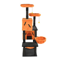 HKM-5148861 Halloween Cat Tower with Condos, Perches, Hammocks, and Scratching Posts - Multi-Level Cat Activity Center in Orange & Black