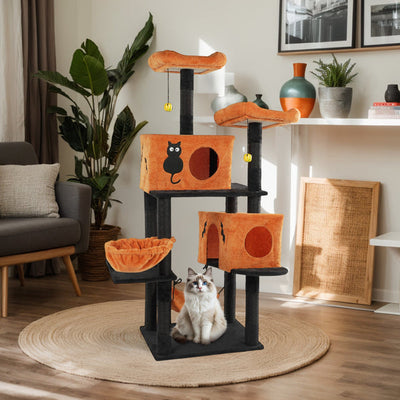 HKM-5148861 Halloween Cat Tower with Condos, Perches, Hammocks, and Scratching Posts - Multi-Level Cat Activity Center in Orange & Black