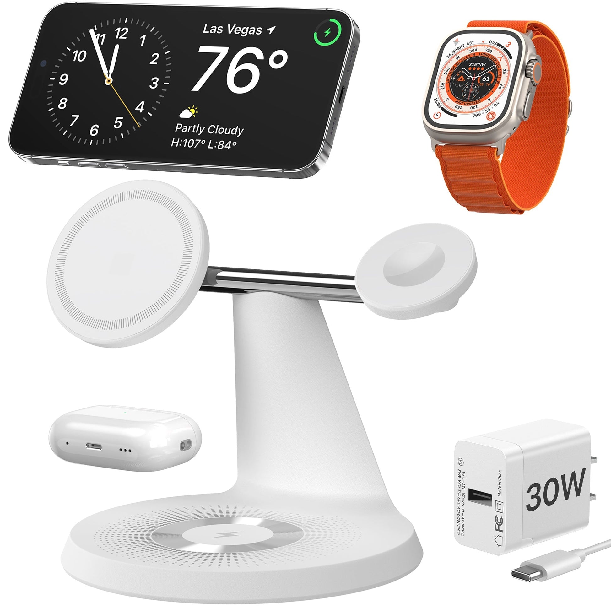HKM-514899 3-in-1 Wireless Charging Station with MagSafe for iPhone, Apple Watch, and AirPods, 30W Power Adapter Included