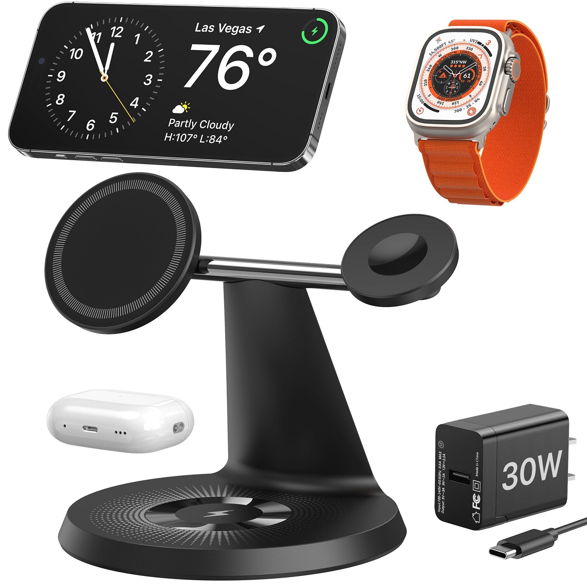 HKM-514899 3-in-1 Wireless Charging Station with MagSafe for iPhone, Apple Watch, and AirPods, 30W Power Adapter Included
