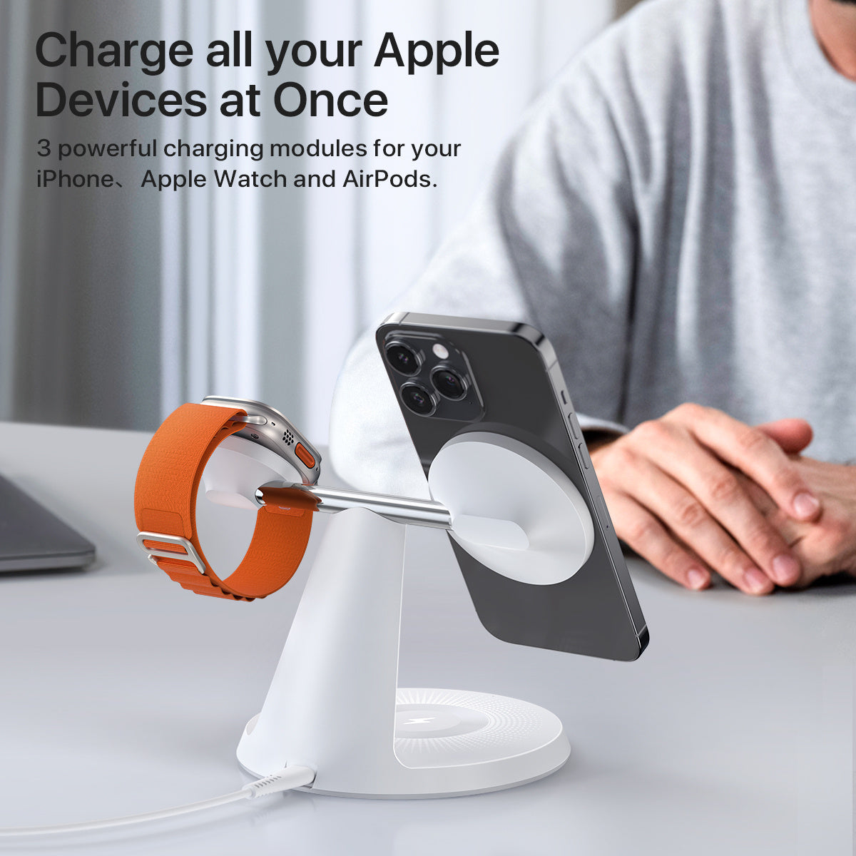HKM-514899 3-in-1 Wireless Charging Station with MagSafe for iPhone, Apple Watch, and AirPods, 30W Power Adapter Included