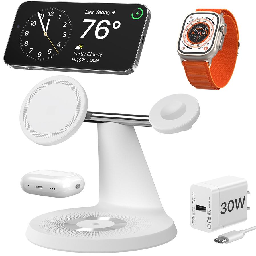 HKM-514899 3-in-1 Wireless Charging Station with MagSafe for iPhone, Apple Watch, and AirPods, 30W Power Adapter Included