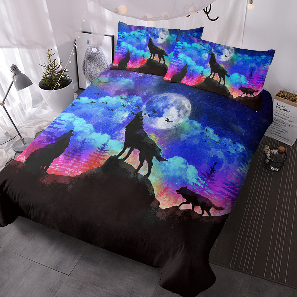 HKM-515347 Colorful Microfiber Kids Duvet Cover Set - Moon Wolf Design, 3 Piece Bedding Set
