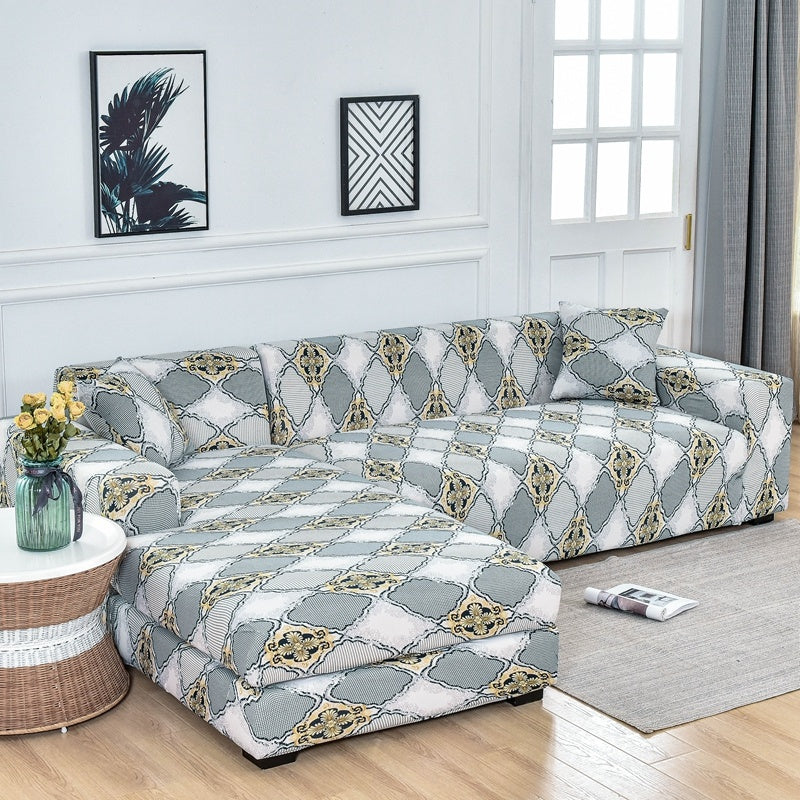 HKM-515347 Geometric Abstract Light Gray Stretch Sofa Cover for Modular Sofas, Fits 90-300cm