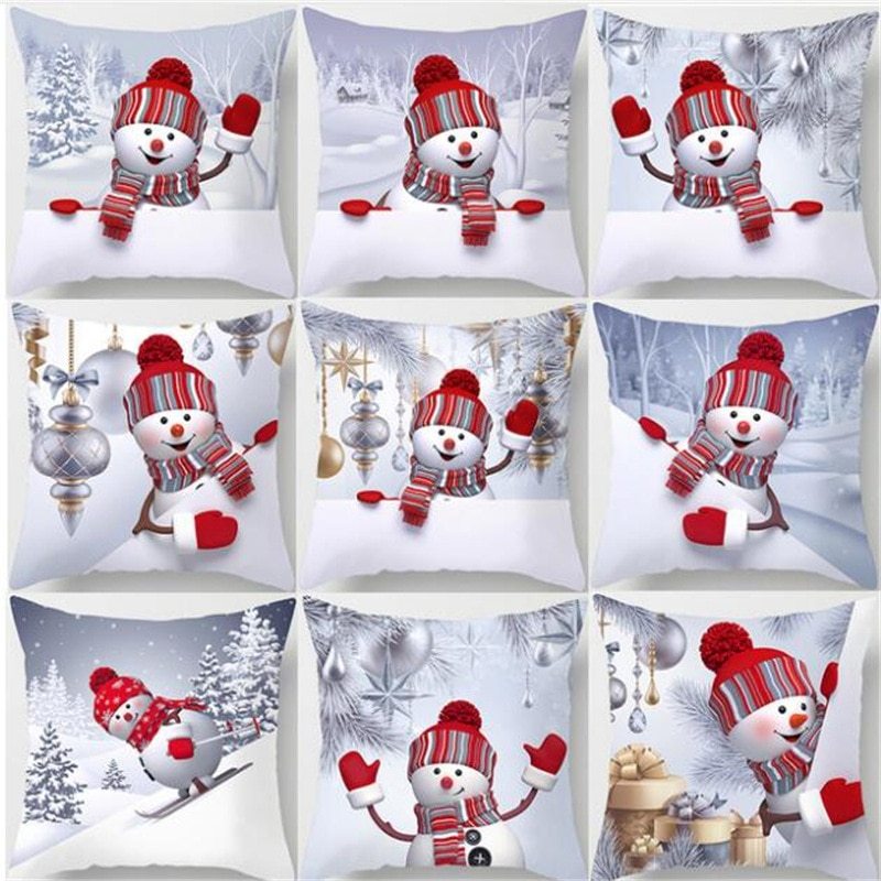 HKM-515411 Christmas Cartoon Snowman Peach Skin Cushion Cover, 45x45cm