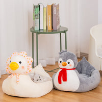 HKM-5155389 Cute Cartoon Animal Pet Nest - Soft Cloth Cat Litter Bed in Village Girl Duck and Penguin Designs, Medium & Large